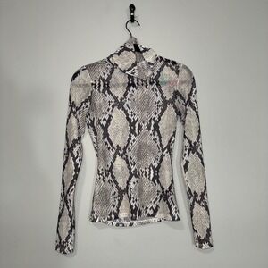 HM Womens Snakeskin Print Sheer Mesh Turtleneck Long Sleeve Top Grey Black Small